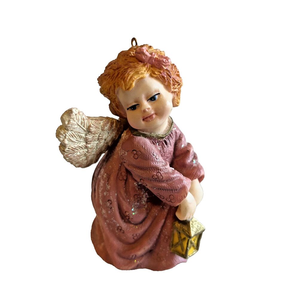 Christmas Ornament Redhead Angel Cherub Lantern Pink Gown Resin Retro Vintage